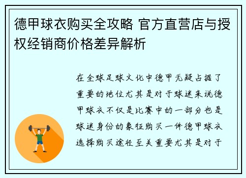 德甲球衣购买全攻略 官方直营店与授权经销商价格差异解析