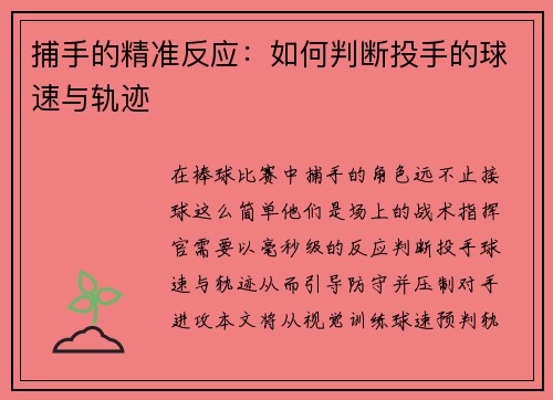 捕手的精准反应：如何判断投手的球速与轨迹